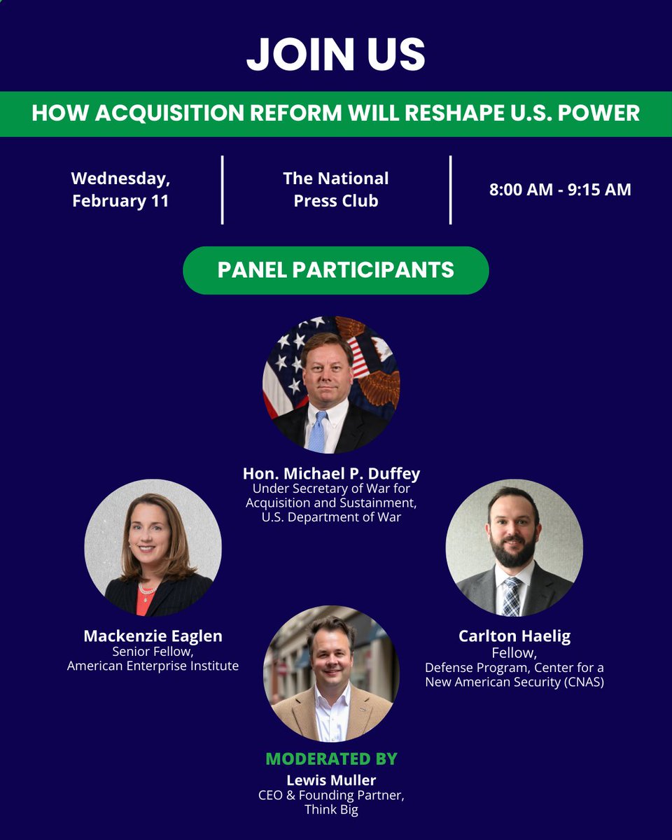 weThinkBigio's tweet photo. We are kicking off our first Think Big Exchange event of 2026.

Come hear Under Secretary Michael Duffey and experts from AEI and CNAS break down how the proposed budget shifts will become actual defense capabilities.

Doors open at 8:00 AM. See you there?
https://t.co/VfDBiNWH7C https://t.co/NXExvpCfWN