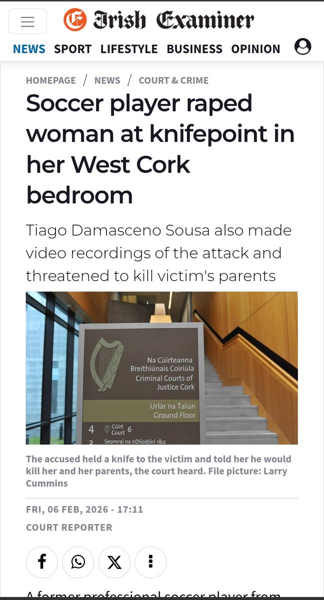 🇮🇪 Ireland - 6th February 2026

Brazilian national raped a woman at knife point in West Cork. 🇧🇷

Tiago Damasceno Sousa (39), also made video recordings of the attack and threatened to kill victim's parents during the rape on March 29, 2024.

State-funded media The Examiners
