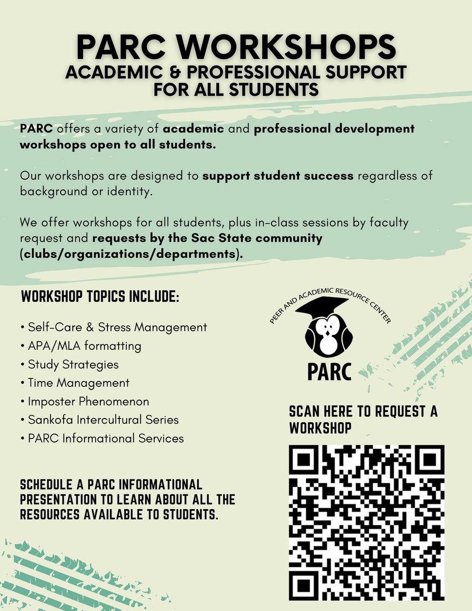 Need a little extra support? 

We offer workshops for all students, plus in-class sessions by faculty request and the Sac State community (clubs/organizations/departments). 

Schedule a PARC Informational Presentation to check out all the resources available! ✨