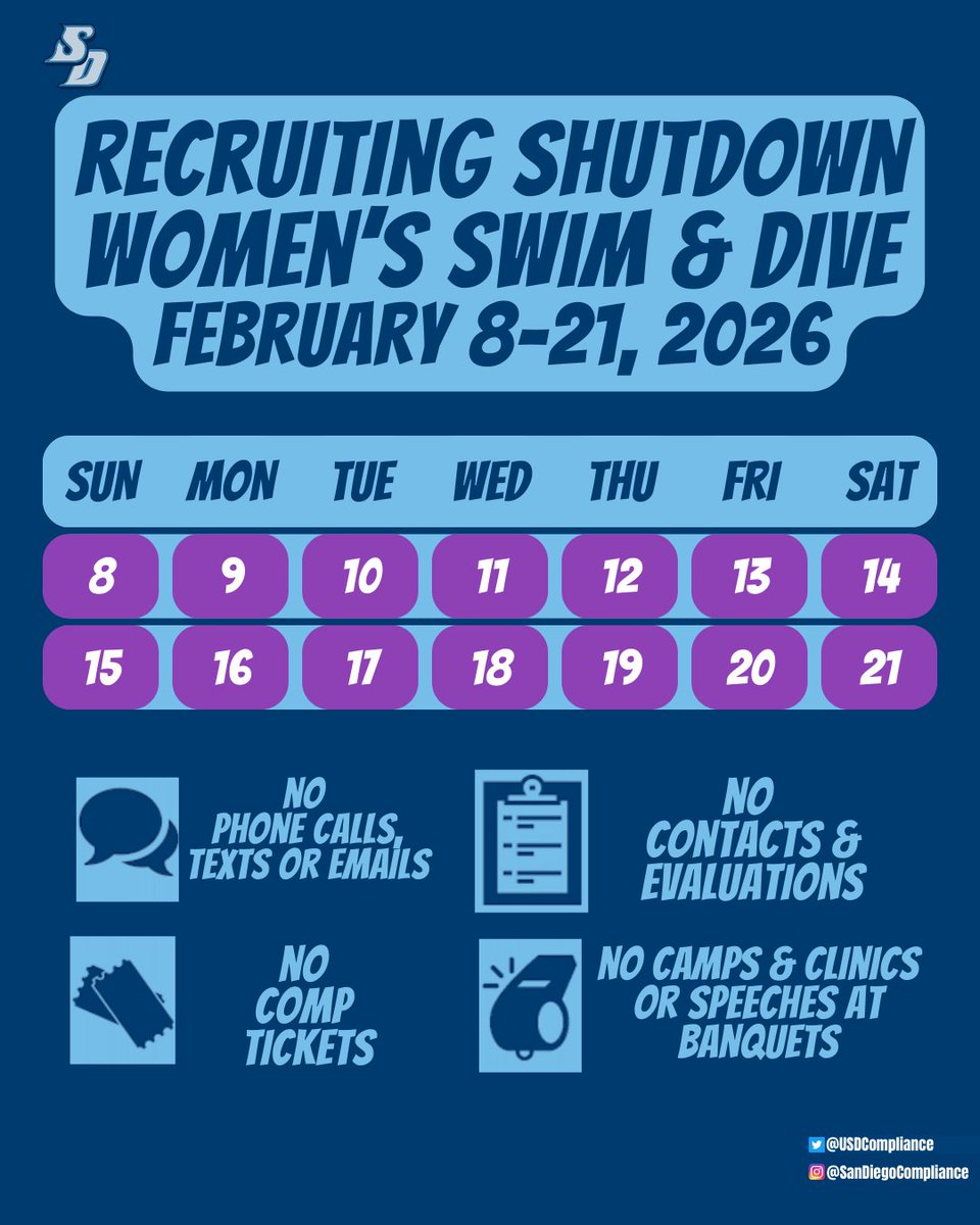 USDCompliance's tweet photo. 🚨Recruiting Shutdown starts Sunday for @USDswimdive https://t.co/aE0HM1j82G