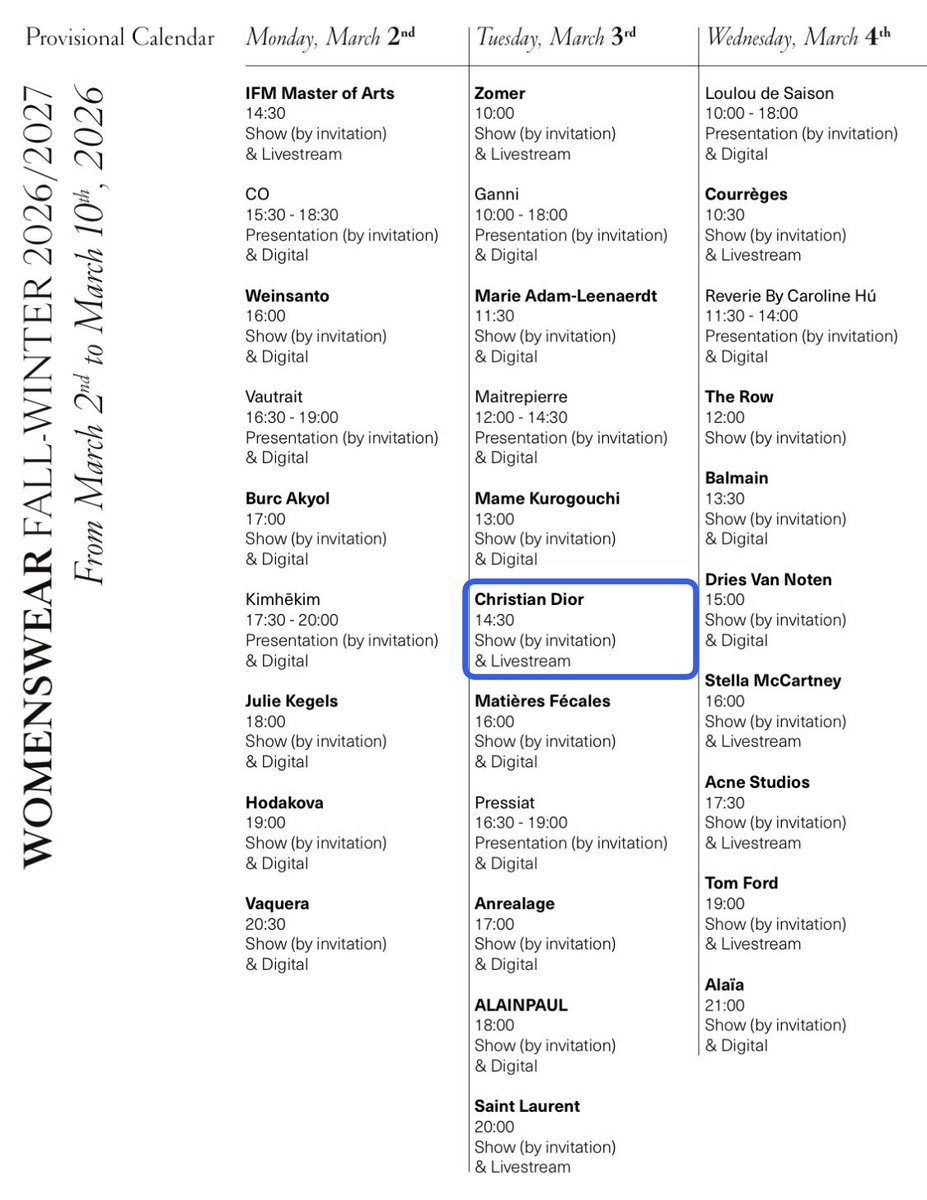Paris Fashion Week January 2027 Schedule