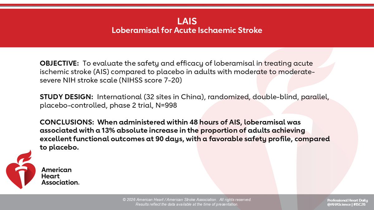 rwregen's tweet photo. #LAIS presented at #ISC26! #Loberamisal given within 48h of #ischemic #stroke with NIHSS 7-20 was associated with 13% absolute increase in excellent functional outcomes at 90 days! @StrokeAHA_ASA @AHAScience @svinsociety @SVINJournal https://t.co/xpkbhIcO30
