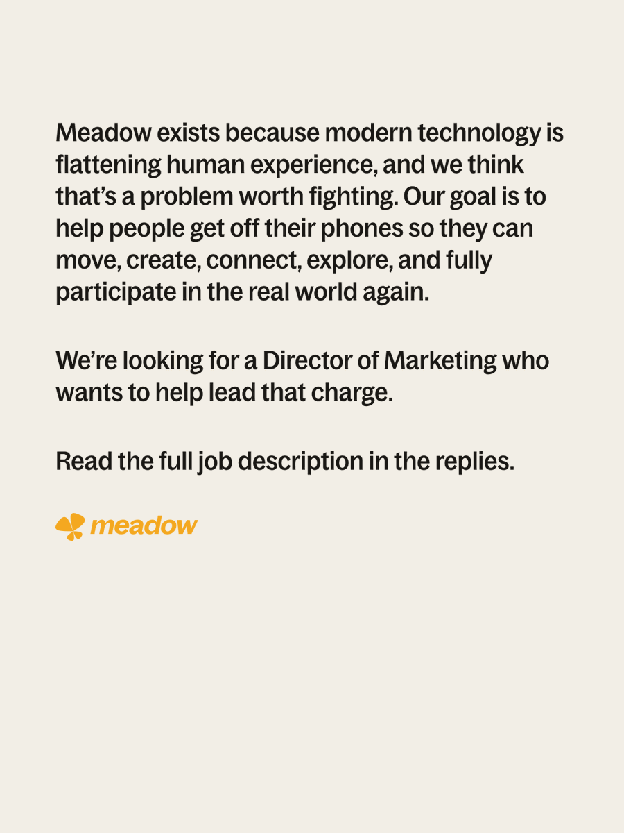 66_shrey's tweet photo. Meadow is hiring for a Director of Marketing. The role is execution-first, based in LA, and will be a lot of fun. If you're curious and hungry, you'll get to ship a world-class product and some world-class work.

Link to full JD in reply. https://t.co/rq1rBHm8Vk