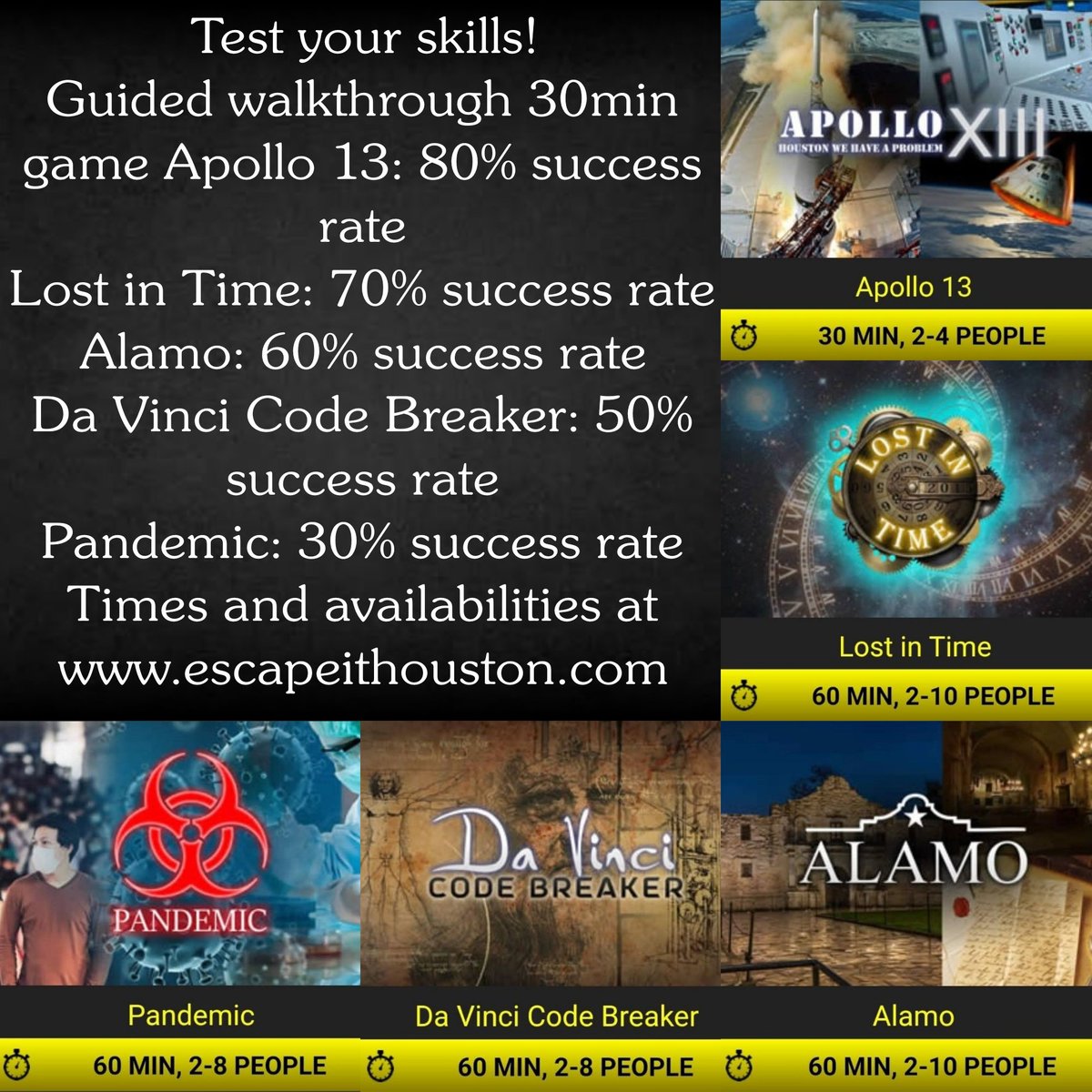 EscapeITHouston's tweet photo. Times and availability at our West location can be viewed and booked at https://t.co/NaMhWrRTNQ https://t.co/lMO6NMaVn1