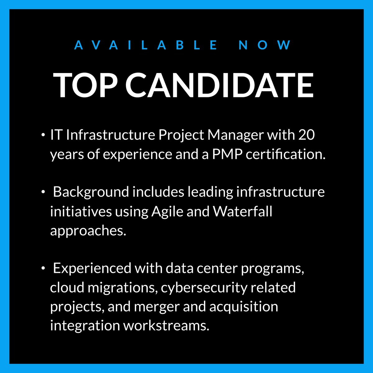GoExcelion's tweet photo. Ready to hire? Start with the best – this week’s top candidate! 

🌟 This top candidate brings 20+ years of experience as an IT Infrastructure Project Manager with a PMP certification. 

ACT NOW: https://t.co/a0HmckdwC7

#ExcelionPartners #CandidateSpotlight #ITProfessionals https://t.co/bGX8l0Fmz5