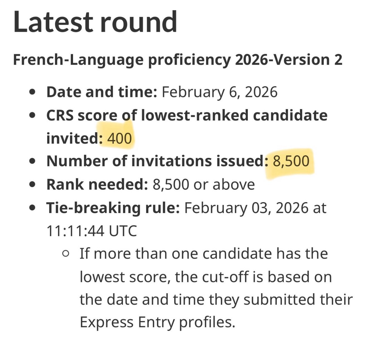 Mandeep89373470's tweet image. 🇨🇦 Express Entry – French-Language Draw

✅ Invitations issued: 8,500
📊 CRS cut-off: 400
⏰ Tie-breaker: Feb 3, 2026 | 11:11:44 UTC

French speakers continue to have strong PR opportunities in Canada 🇨🇦
#ExpressEntry #FrenchDraw #CanadaPR