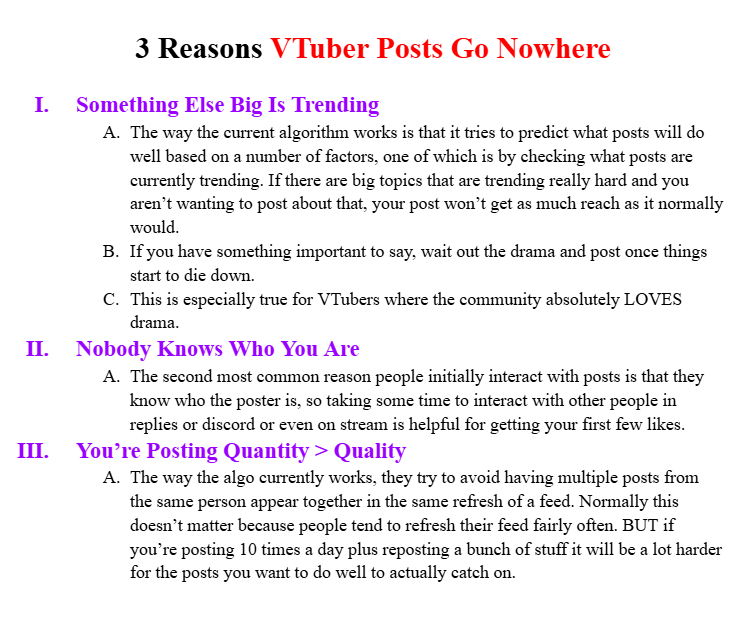 VtuberConsult's tweet photo. A lot of smaller VTubers have issues with their posts not gaining any traction. 

Here are 3 of the most common reasons that happens &amp; how to fix those issues.

This doesn't exclusively apply to VTubers, but I think these issues are MORE impactful in this community than others. https://t.co/er2ErJK5ee