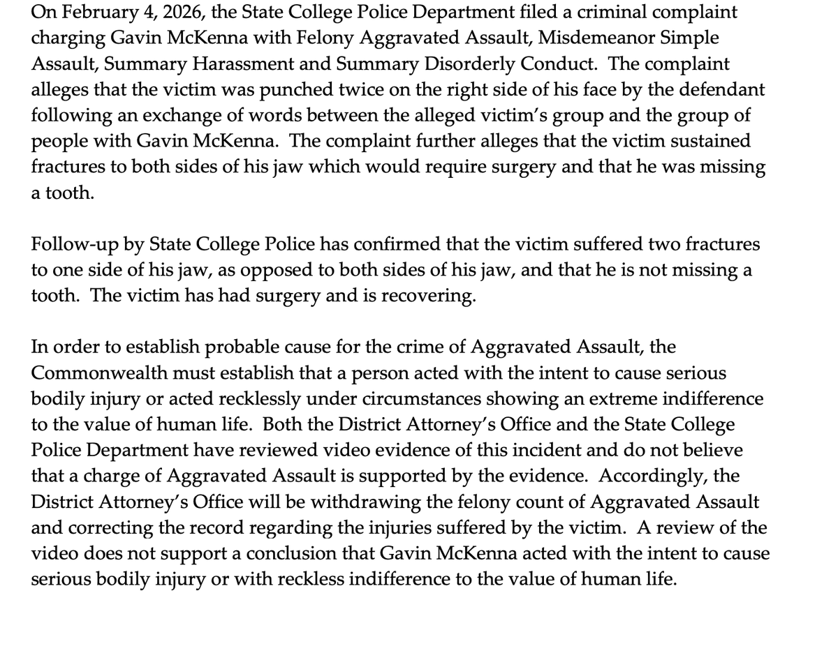 wyshynski's tweet image. Centre County District Attorney’s Office is withdrawing the felony count of Aggravated Assault against Penn State hockey player Gavin McKenna, expected to go first overall in this summer's NHL Draft. 

Details here: