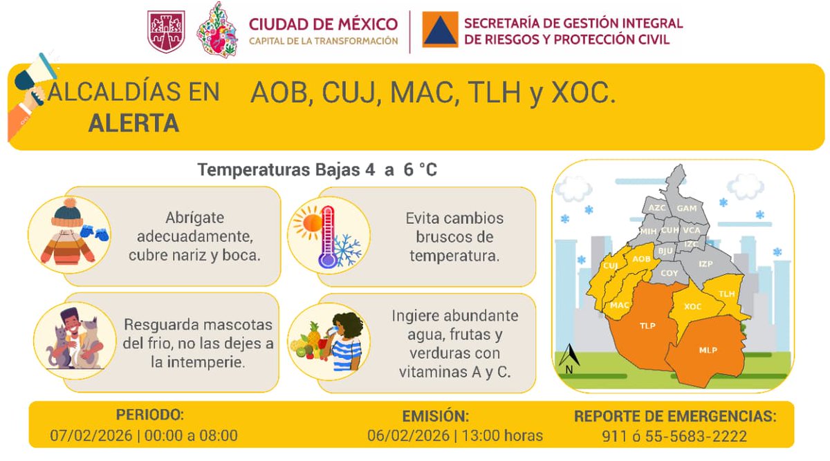 ⚠️ Se activa #AlertaAmarilla por pronóstico de temperaturas bajas para la madrugada y mañana del sábado 07/02/2026, en las demarcaciones: <a href="/AlcaldiaAO/">Alcaldía Álvaro Obregón</a>, <a href="/cuajimalpa_gob/">Alcaldía Cuajimalpa</a>, <a href="/ALaMagdalenaC/">Alcaldía La Magdalena Contreras</a>, <a href="/TlahuacRenace/">Alcaldía Tláhuac</a> y <a href="/XochimilcoAl/">Alcaldía Xochimilco</a>.

Mantente informado.

#PronósticoDelTiempo