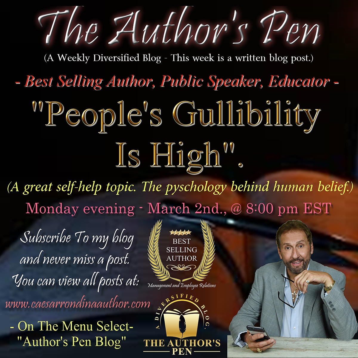 CaesarRondina's tweet photo. "Gullibility" is the topic of my #selfhelp #blogpost tonight at 8 pm EST, when the link will be posted. Subscribe and never miss a post.
#theauthorspen #amwritng #writingcommunity #blogger #readers #gullibity #usareels #blogging https://t.co/c45ijD6jYi
