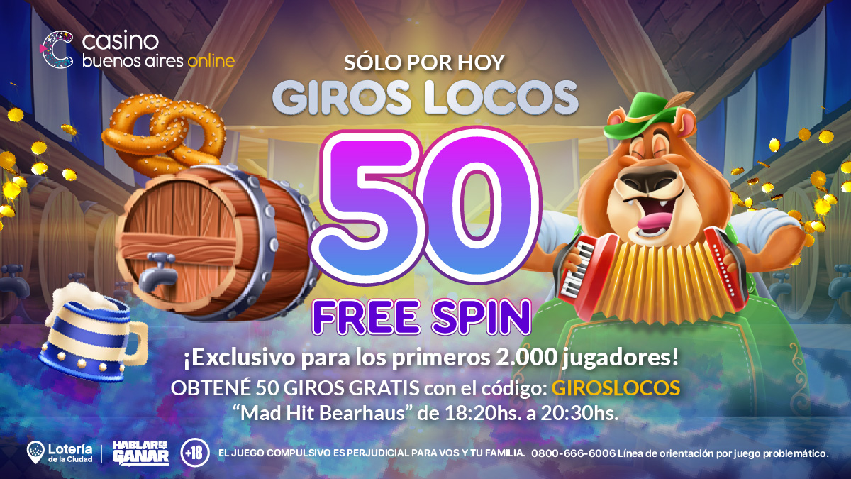 🤪🎰 ¡HOY ES DÍA DE GIROS LOCOS!
Activá 50 FREE SPINS en Mad Hit Bearhaus 🐻🍻
⏰ De 18:30 a 20:30 hs
🎟 Para los primeros 2.000 jugadores
👉 Usá el código GIROSLOCOS y jugá ahora
IMPORTANTE: Una vez ingresado el código, espera unos minutos para que el beneficio sea acreditado.