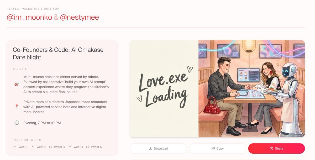 nestymee's tweet photo. Me on a date with my co-founder ❤️
Our new tool matched us based on our tweets. It said he's my perfect Valentine's and it’s absolutely right - he's my husband lol

@im_moonko and I built https://t.co/9OjiiyE7t8 - it finds your match from your followers, plans the perfect date, and picks outfits for you both!  Find your perfect date and send it to your crush