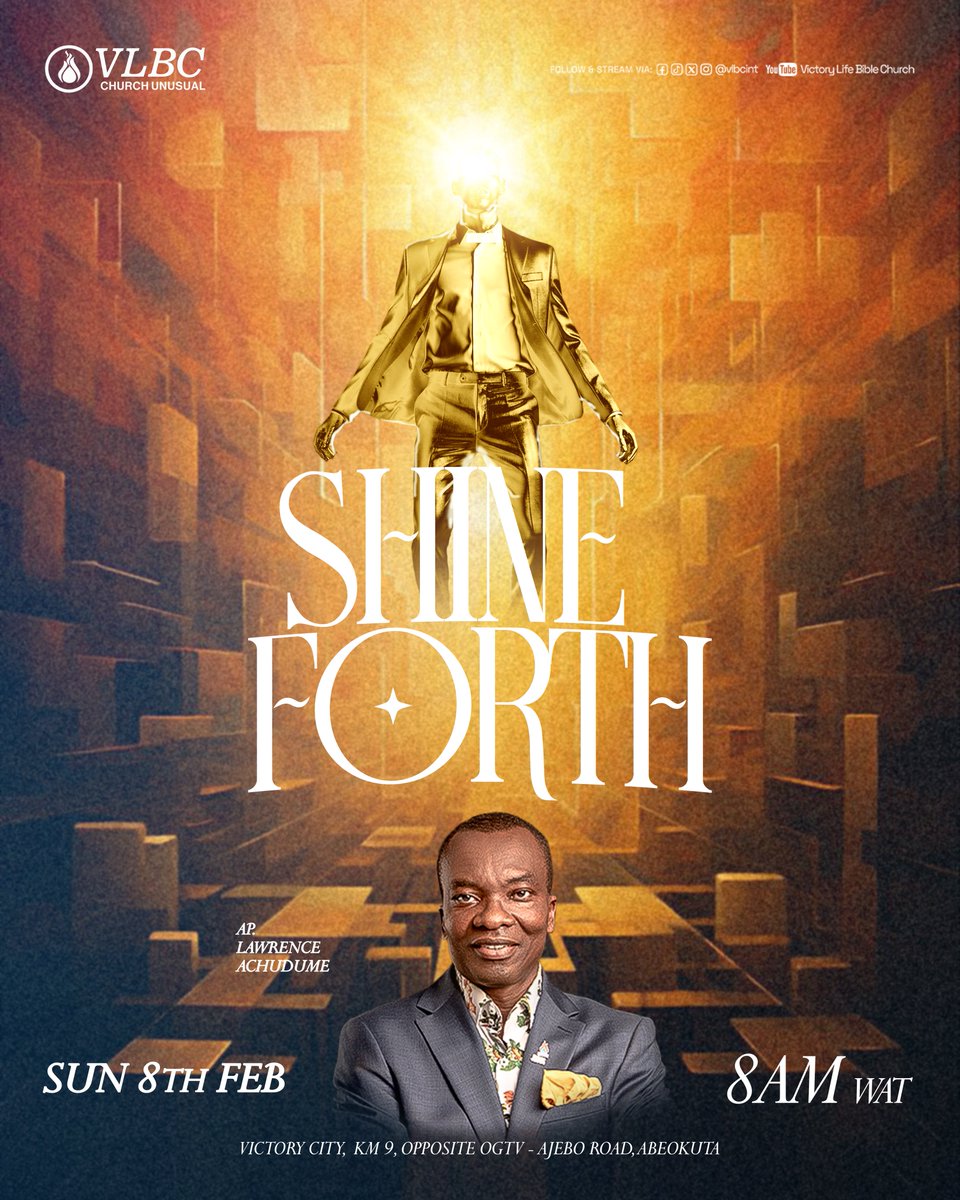 VLBCint's tweet photo. Arise, shine, for your light has come ✨
Come and encounter God’s presence, power, and purpose.
Join us this Sunday for a life-changing time in His presence.
It’s time to illuminate — let’s glow together!
#Vlbcint
#sundayservice
#shineforth
#apostlelawrenceachudume https://t.co/pEMi0PU1xj