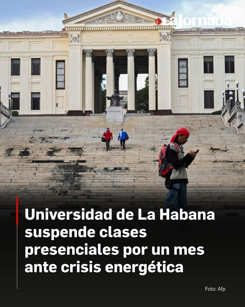 🇨🇺 #Cuba | La Universidad de La Habana, la más emblemática de la isla, anunció la suspensión por 30 días de sus clases presenciales debido a la actual crisis energética en el país, agravada por el bloqueo petrolero decretado por Estados Unidos.

En tal sentido, la institución