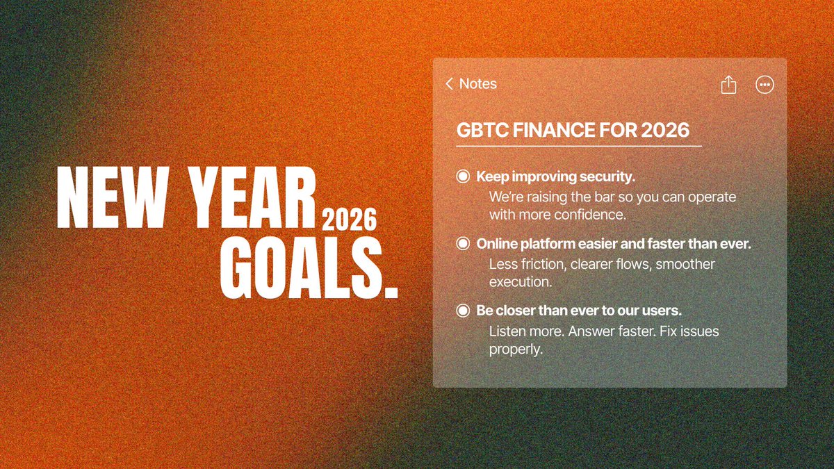 One month into the year and goals get tested 👀

Gym 💪, eat better 🥗, save more 💰…

⏳ Crypto is the same: markets move fast and “later” turns into “missed it” 

GBTC Finance in 2026: higher security 🔐, platform easier &amp; faster ⚡, closer support 🤝

 #crypto #bitcoin #web3