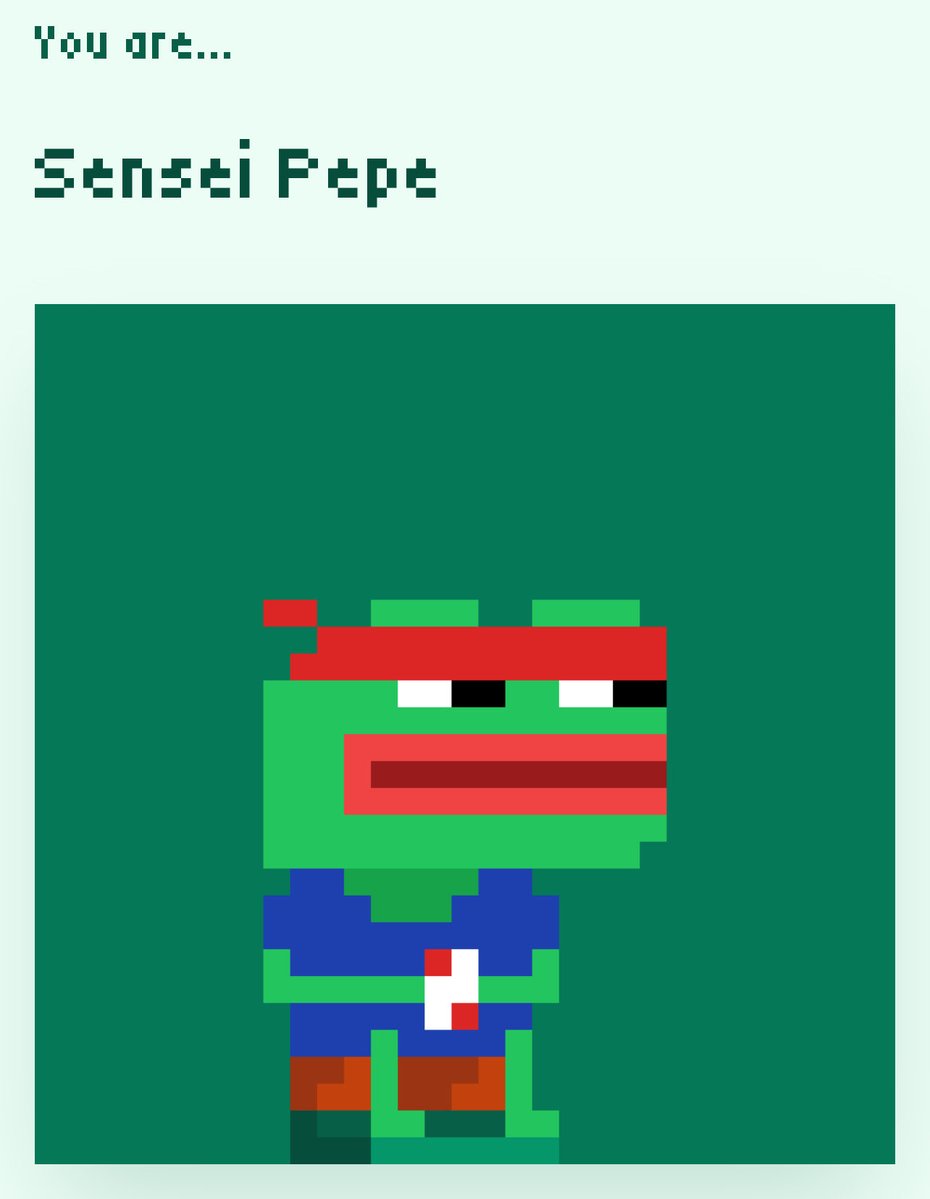 I am a Sensei Pepe 💚

Find out what type of Pepe you are by taking a short quiz.
pepehodls.com/quiz