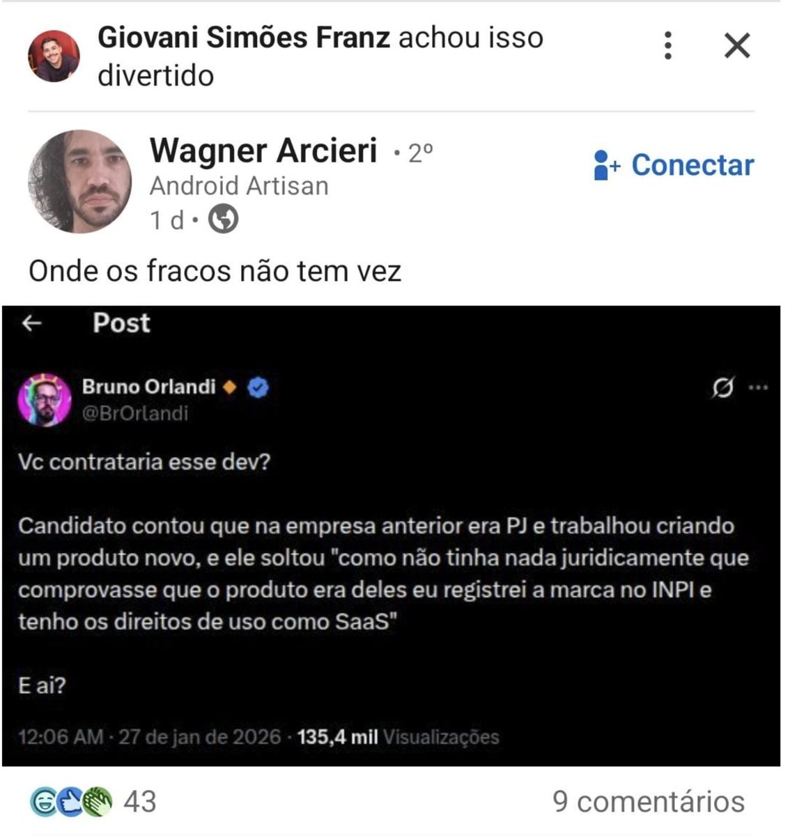 Eu trago a treta do Linkedin pro X, e os cara leva daqui de volta pro LinkedIn. Ai não dá kkkkk