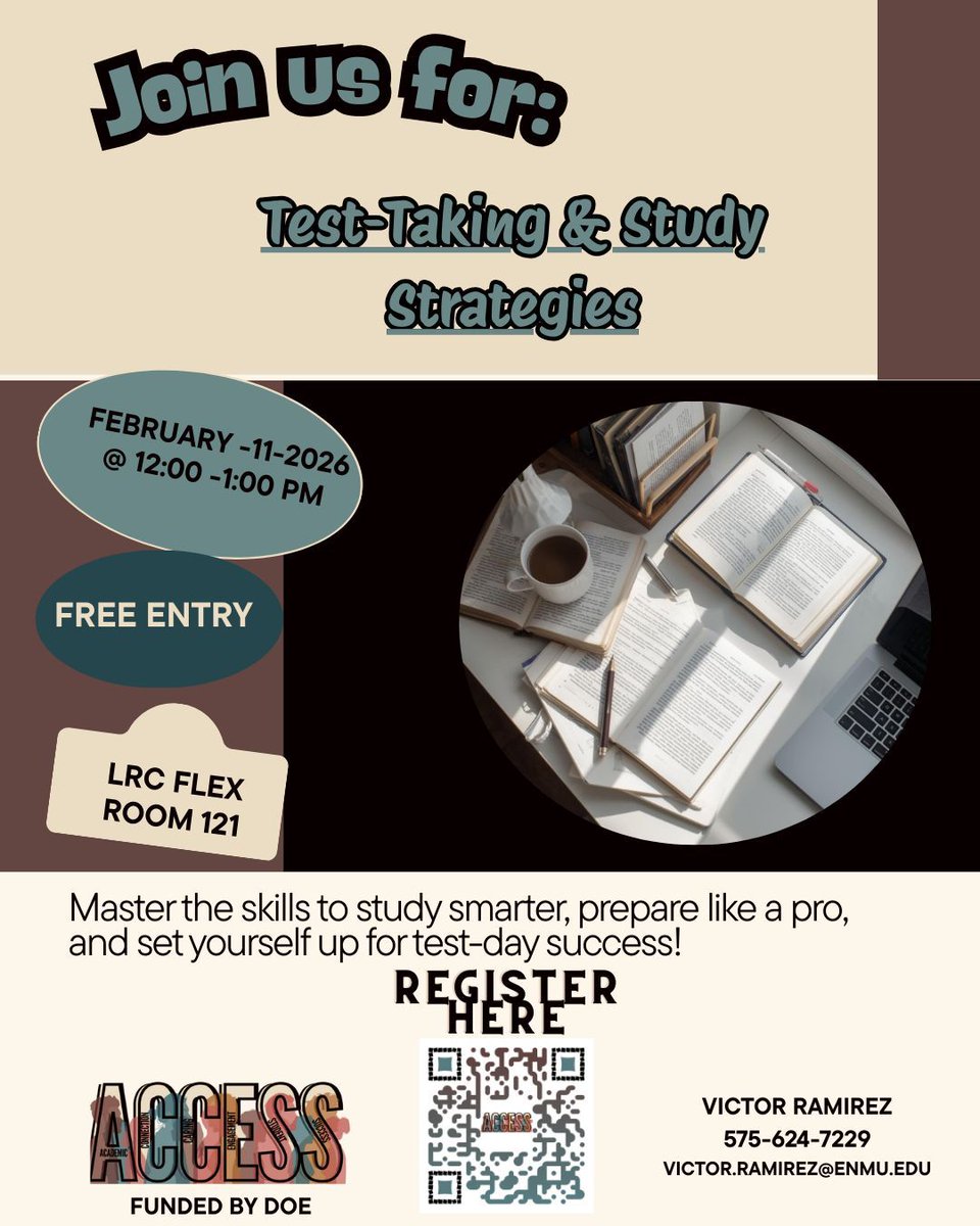 enmur's tweet image. Join us for Test-Taking &amp;amp; Study Strategies and learn practical tips to help you prepare with confidence and succeed on test day!

🗓 February 11, 2026
⏰ 12–1 PM
📍 LRC Flex Room 121
💲 Free Entry

#ENMURoswell #ACCESSProgram 📖✏️