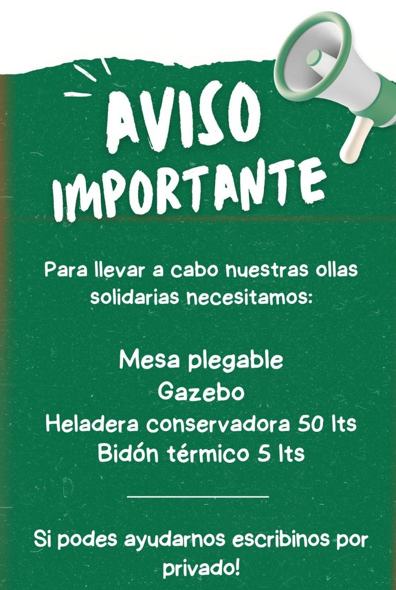 🤝Para seguir adelante con nuestras ollas solidarias necesitamos los siguientes artículos. 

💚Si querés colaborar, mandanos un mensaje privado! 

Muchas gracias 🙏🏻