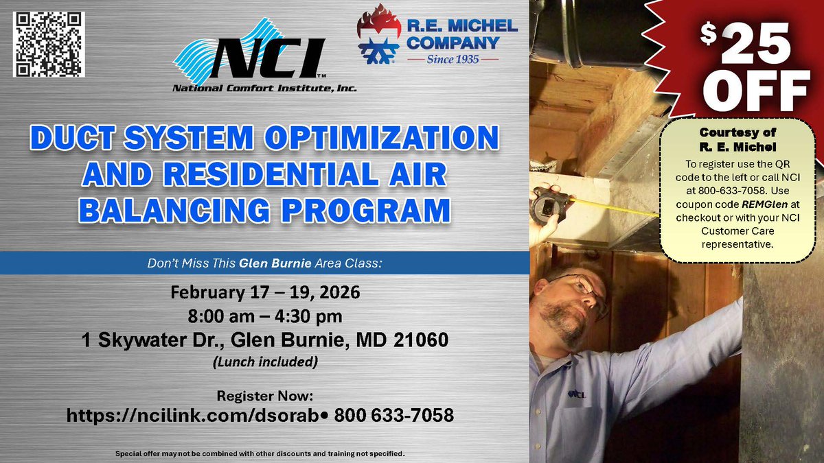 📣 R.E. Michel is hosting another NCI class!

Duct System Optimization &amp; Residential Air Balancing Program

📍 Glen Burnie, MD
📅 Feb 17–19

Strengthen diagnostics, improve system performance, and elevate your expertise. Contact your local R.E. Michel rep to register.