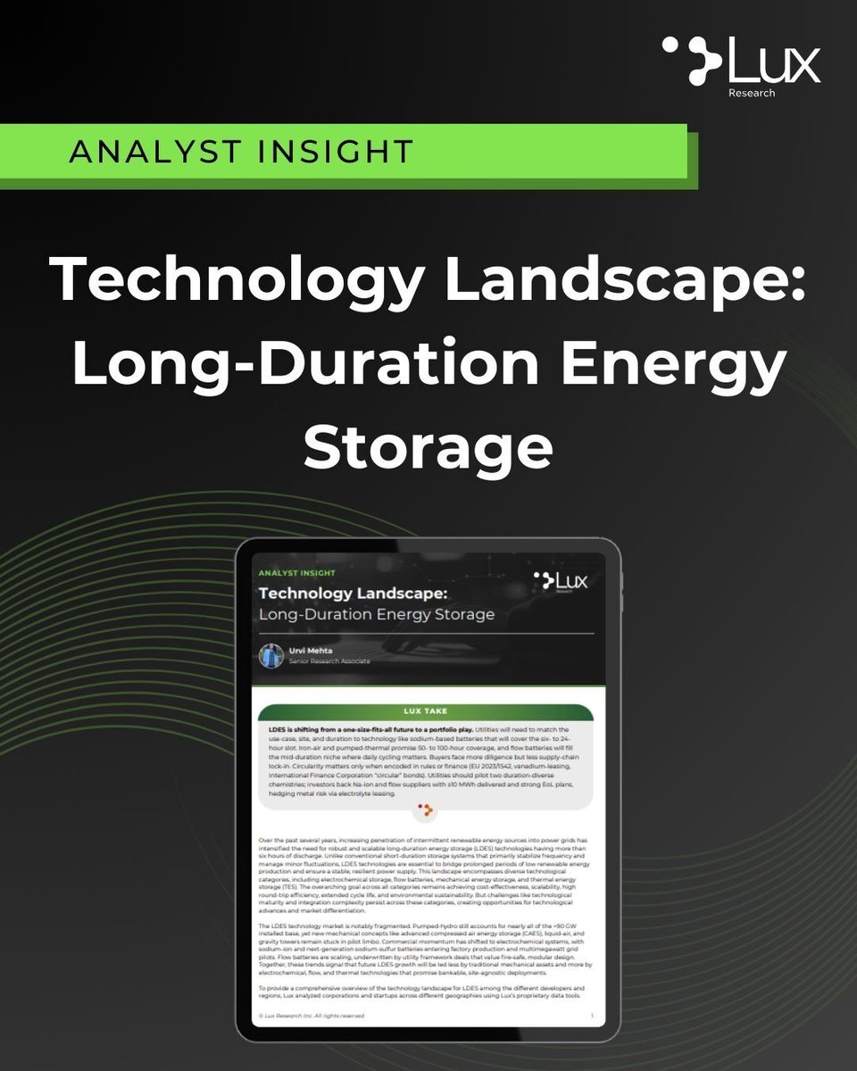 LuxResearch's tweet image. Long-duration energy storage is no longer a one-size-fits-all solution. As grids evolve, leaders need clarity on which technologies are scaling and where real momentum is building.

Explore the landscape: lux.works/3NYB3Xs
