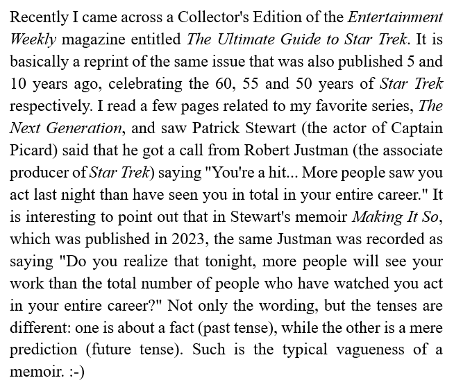 Recently I came across a Collector's Edition of the Entertainment Weekly magazine entitled The Ultimate Guide to Star Trek. I read a few pages related to my favorite series, The Next Generation, and saw...