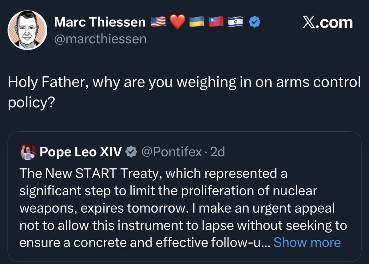 Why is the Holy Father weighing in on issues that threaten the future of human civilization like nuclear weapons policy asks the guy employed by a think tank funded by death merchants