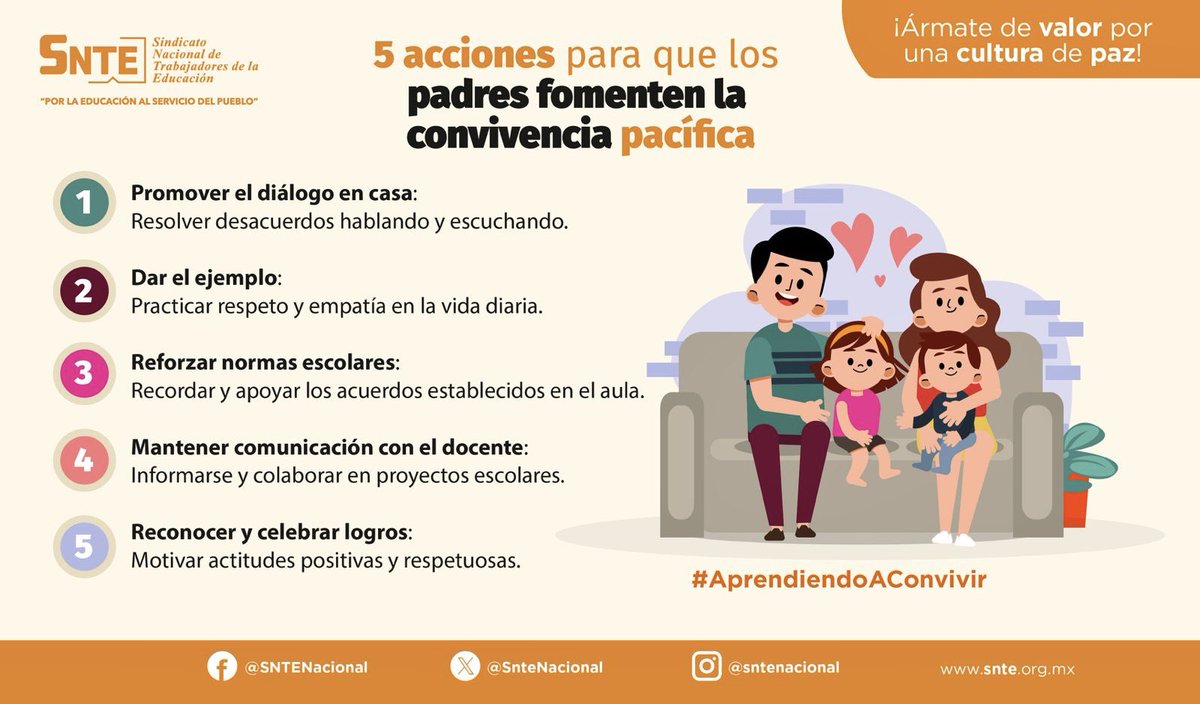 Á𝐫𝐦𝐚𝐭𝐞 𝐝𝐞 𝙫𝐚𝐥𝐨𝐫, 𝐩𝐨𝐫 𝐮𝐧𝐚 𝐜𝐮𝐥𝐭𝐮𝐫𝐚 𝐝𝐞 𝐩𝐚𝐳

Docentes y padres de familia juntos por espacios libres de violencia.👩🏻‍🏫👨🏻‍🏫👨‍👩‍👦‍👦
Conoce las 5️⃣ acciones para una convivencia armónica en casa. 🏡
La educación es tarea de todos.🏫 ¡Únete!
👉 snte.org.mx/cultura-paz/