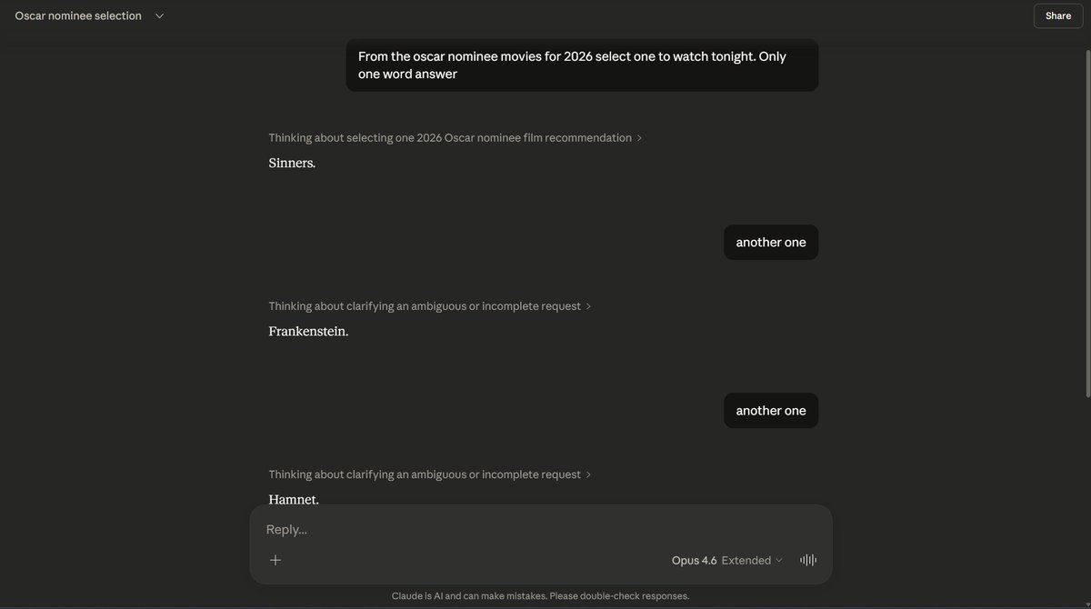 LoayDeeb2026's tweet photo. I simply wanted to watch a movie from the 2026 Oscar nominees, so I asked both #ChatGPT  and #Claude  to recommend one.
ChatGPT: Recommended Dune (2021)
Claude: Suggested Sinners
Claude is winning by far. https://t.co/g37WHVYJUl