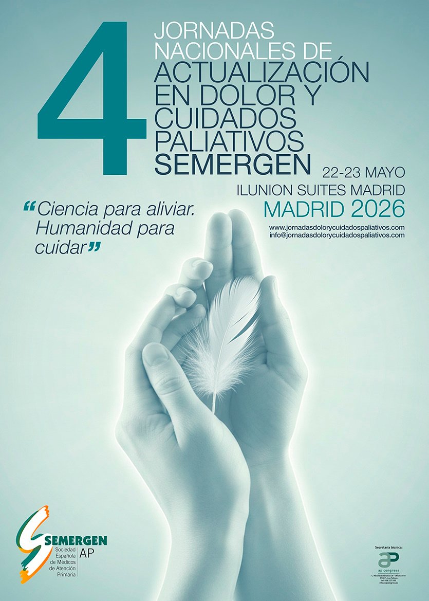 🟢 4 Jornadas Nacionales de Actualización en Dolor y Cuidados Paliativos de SEMERGEN. 
2Ciencia para aliviar. Humanidad para cuidar". Nos vemos en Madrid los días 22 y 23 de mayo de la mano de <a href="/DOLPALSemergen/">Grupo de Trabajo Dolor y Paliativos SEMERGEN</a> 
¡Próximamente te contamos más!
#DOLPALSEMERGEN26  #Dolor