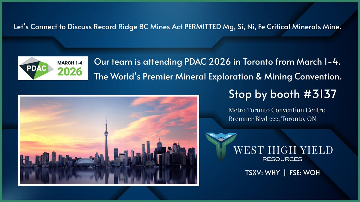 Let’s connect at PDAC 2026, March 1–4!

We're sharing updates on Record Ridge. Our BC Mines Act permitted critical minerals project (Mg, Si, Ni, Fe). Swing by booth #3137 at Metro Toronto Convention Centre to chat supply chain security &amp; more! 

#PDAC2026 #CriticalMinerals