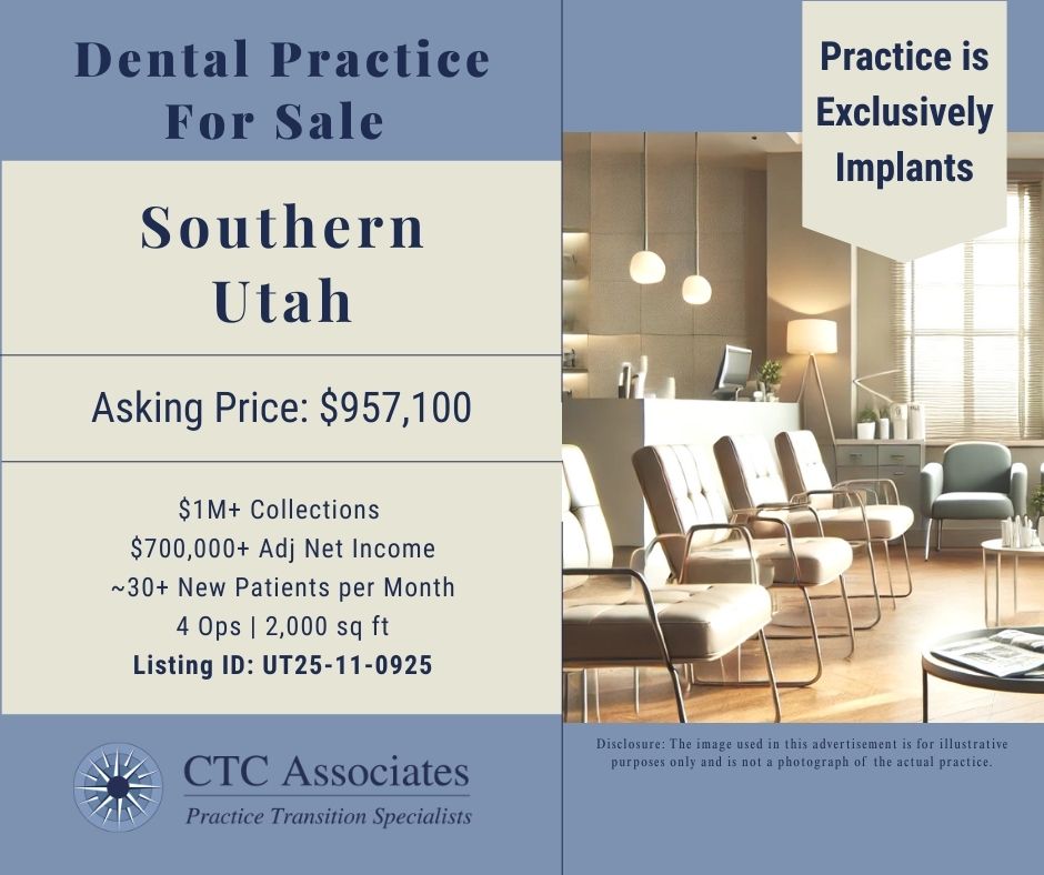 ctc_associates's tweet image. Implant only dental practice for sale in Southern Utah.  
 
For more information on listing UT25-11-0925, a buyer’s application and signed non-disclosure agreement must be completed: ctc-associates.com/buyers-applica…. 
 
#utahdentalpracticeforsale #dentalpracticeforsale