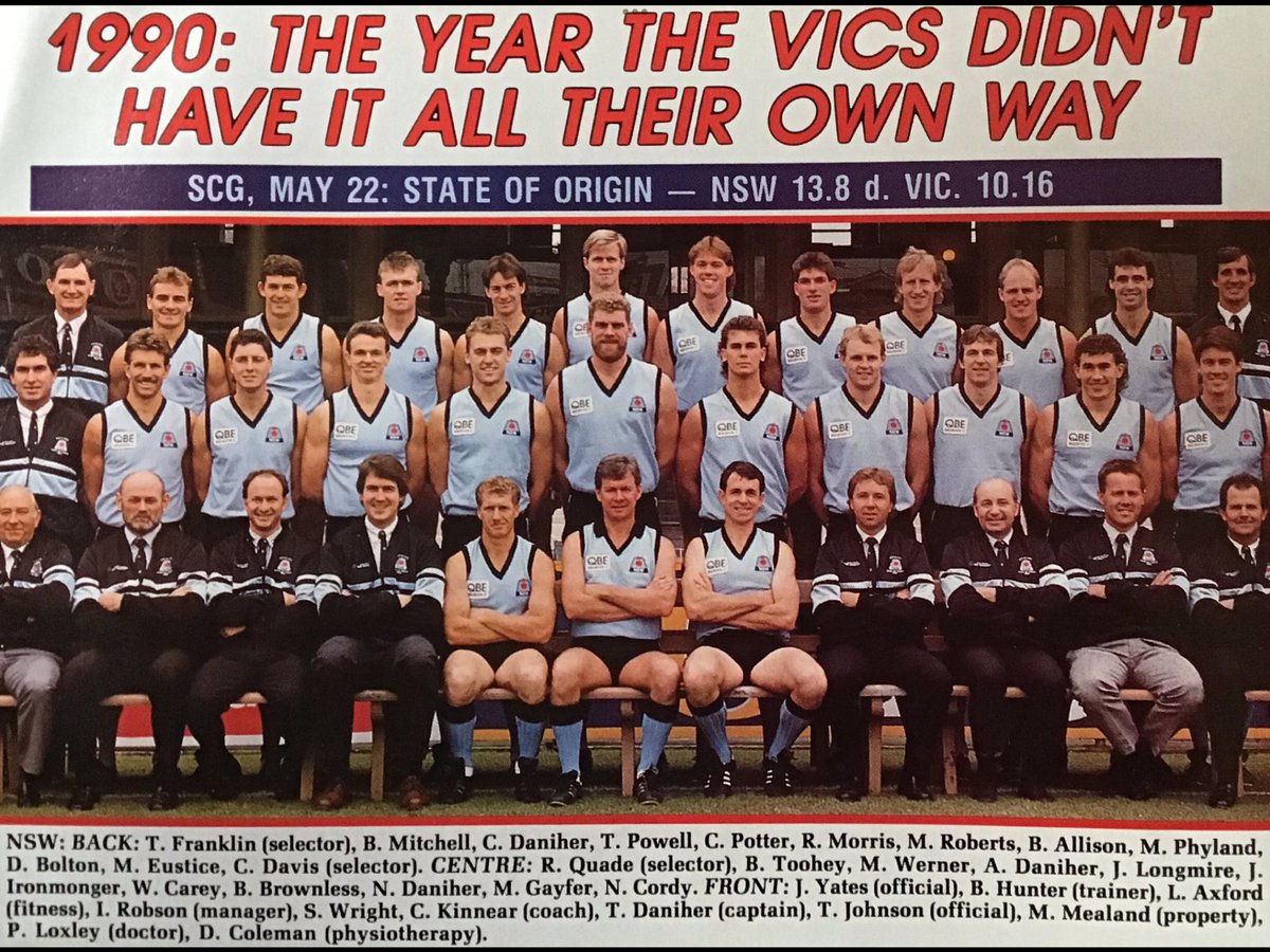 The NSW side that shocked the Victorians in 1990 to win by 10 points

Wayne Carey and Brett Allison had very good games, but the hero was North Melbourne’s champion full forward John Longmire who kicked 8 of NSW’s 13 goals