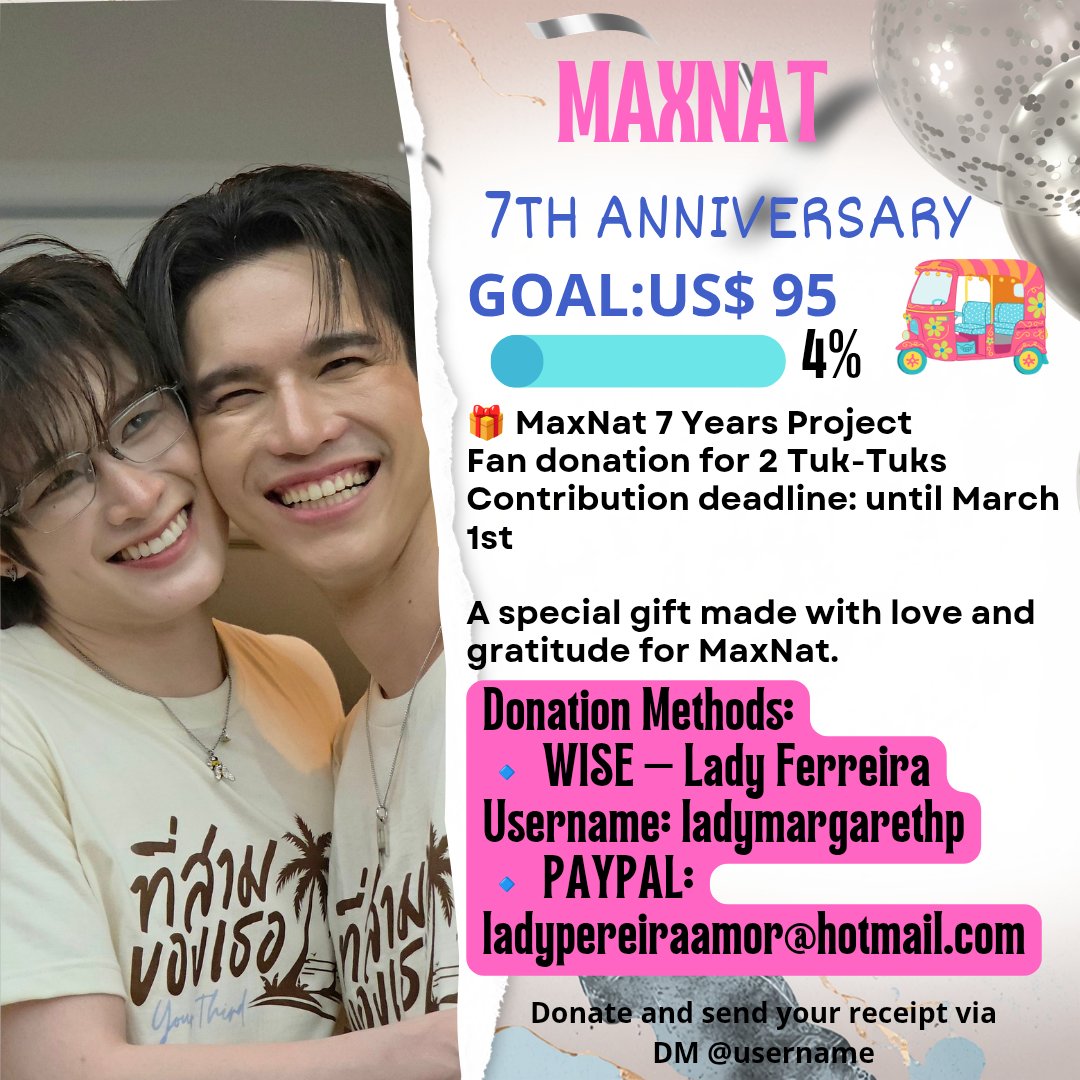 Fãs unidos para presentear o MaxNat com 2 Tuk-Tuks cheios de carinho e gratidão.

Prazo de doação: até 01/03.
Participe e faça parte desse momento!

Doações pix: maxnatfandom@gmail.com 
Wise: ladymargarethp 
Paypal: ladypereiraamor@hotmail.com 

Doe e envie seu comprovante com @