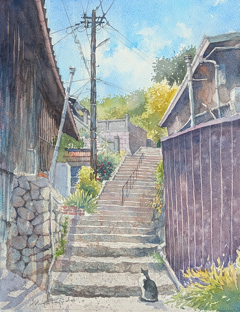 水彩画 #風景画 #Watercolor #広島 #尾道 〈石段の続く丘〉 Onomichi