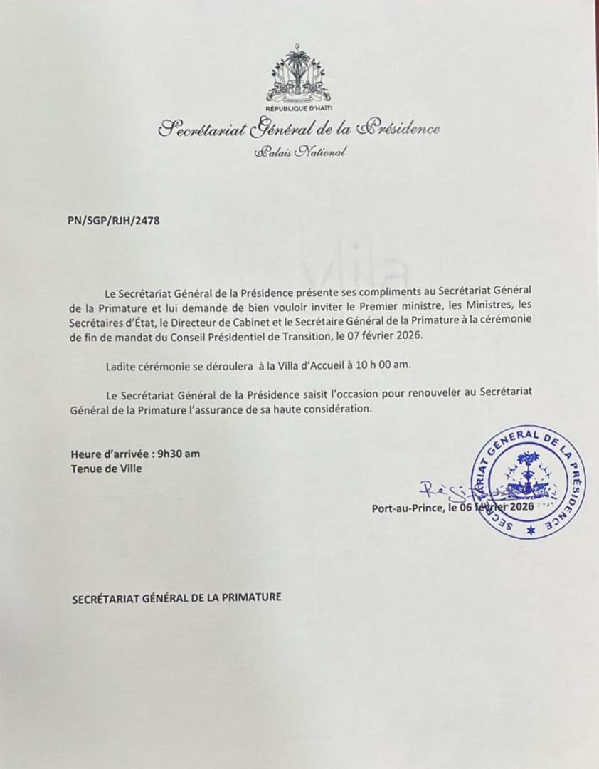 Le Premier Ministre et les autres membres du Gouvernement sont attendus ce samedi 7 février 2026, à 10h, à la Villa d’Accueil, pour la cérémonie protocolaire marquant la fin du mandat du Conseil Présidentiel de Transition (CPT). Le Secrétariat Général de la Présidence adressé en