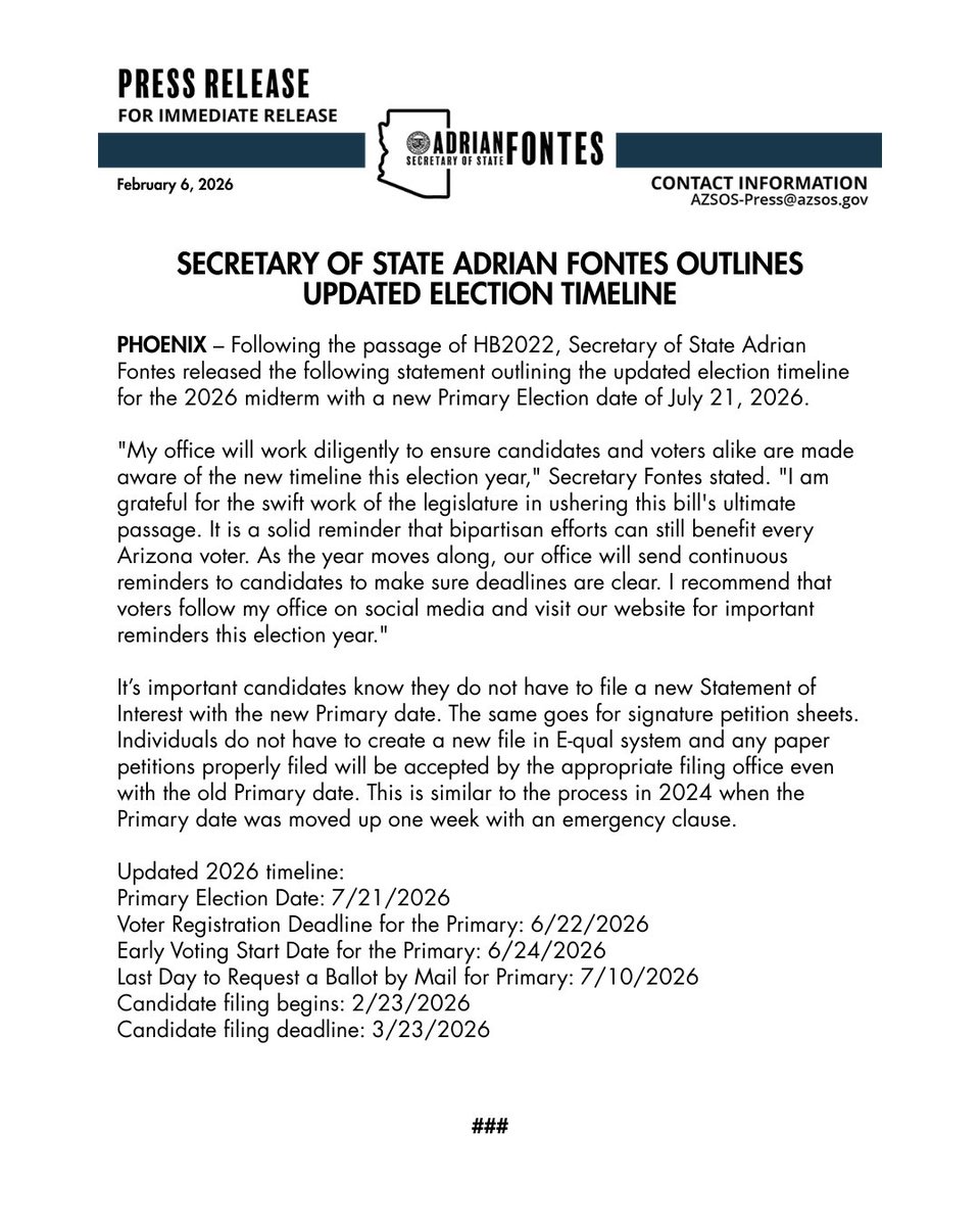 AZSecretary's tweet photo. PRESS RELEASE: Secretary of State Adrian Fontes Outlines Updated Election Timeline https://t.co/kIwSG62Ij1