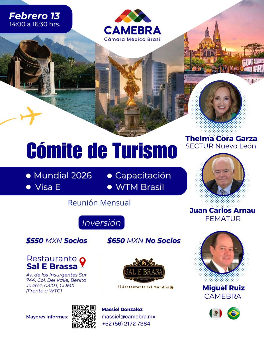 El Comité de Turismo CAMEBRA te invita a su Reunión Mensual, un espacio para analizar las oportunidades que traerá el Mundial 2026, así como temas clave entre México y Brasil🇲🇽⚽️🇧🇷
Conecta, infórmate y genera alianzas estratégicas 🤝🌎
👉 Regístrate bit.ly/4pIyjKW