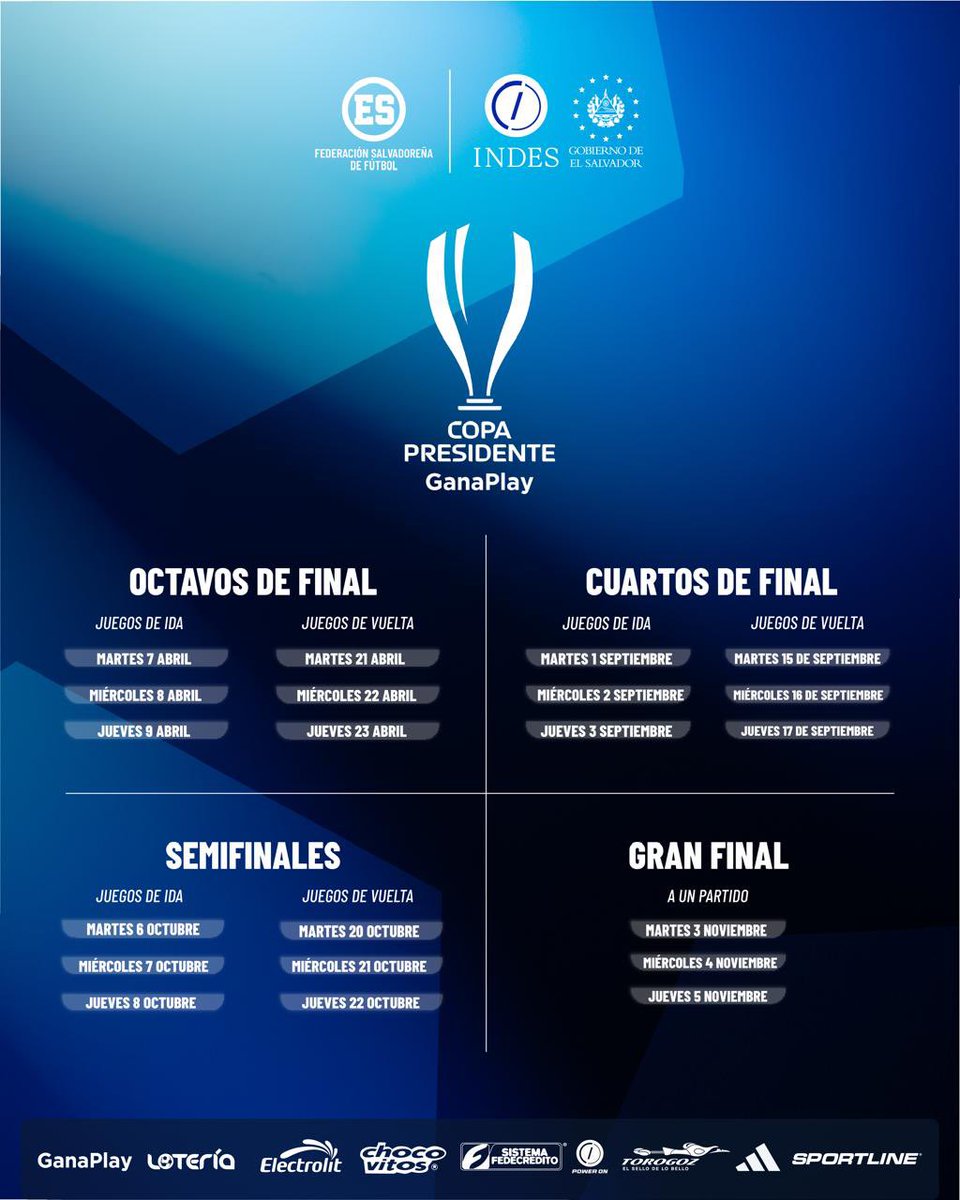 Comparto con ustedes la programación completa de la fase de grupos de la Copa Presidente GanaPlay 2026, con horarios, sedes y medios de televisión y streaming que transmitirán esos juegos. 
Y también les comparto el calendario de octavos y cuartos de final, así como de