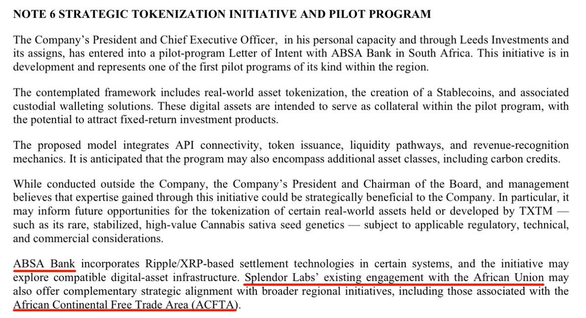 While reviewing the filings again, one thing stood out that I think a lot of people may have overlooked. $TXTM

In NOTE 6, TXTM lays out the Strategic Tokenization Initiative and pilot framework involving ABSA, real world asset tokenization, custodial solutions, liquidity