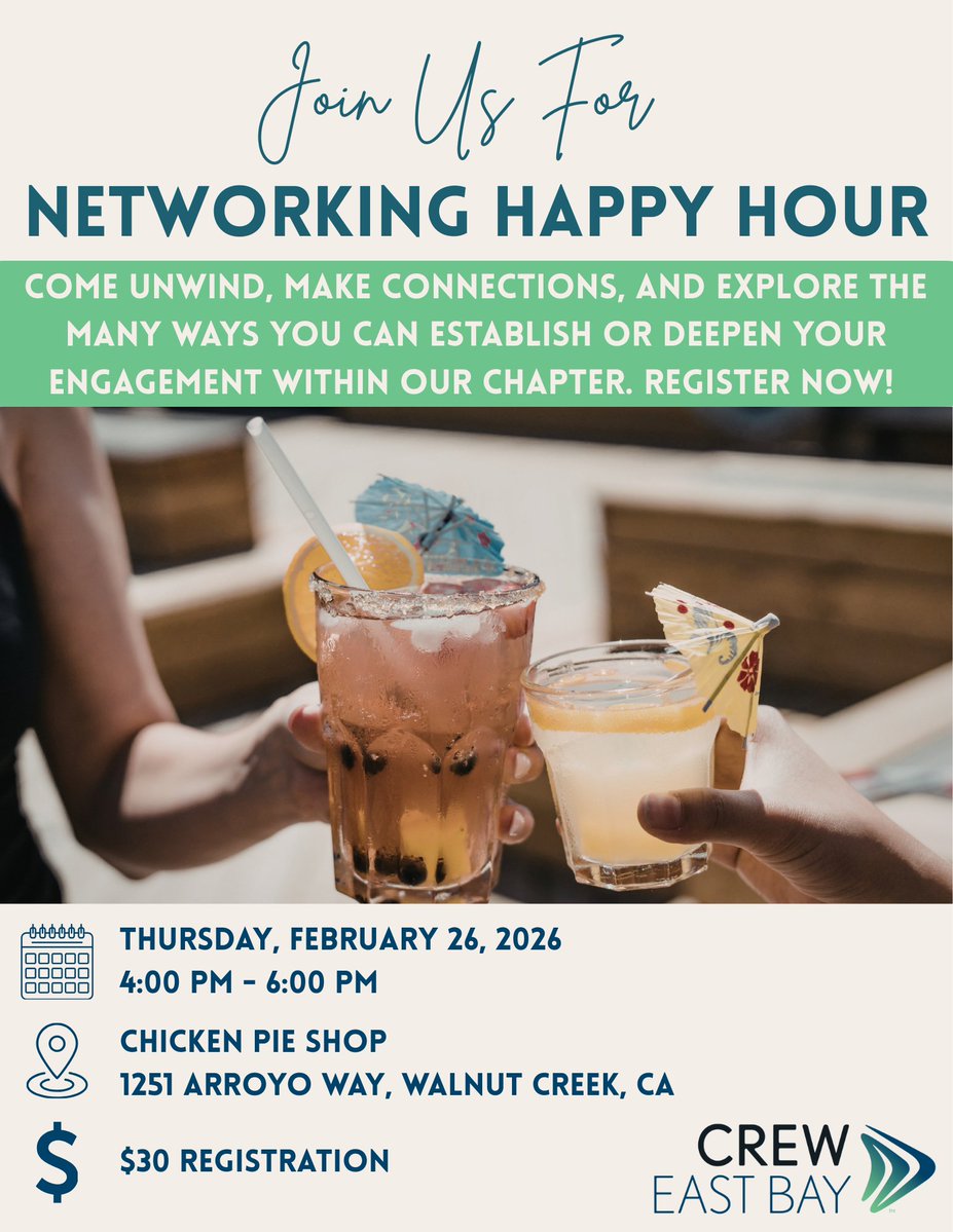 Join us for our Networking Happy Hour to connect with CREW East Bay! Enjoy drinks and great conversations at Chicken Pie Shop in Walnut Creek. Register here: east-bay.crewnetwork.org/events/2026/ne…