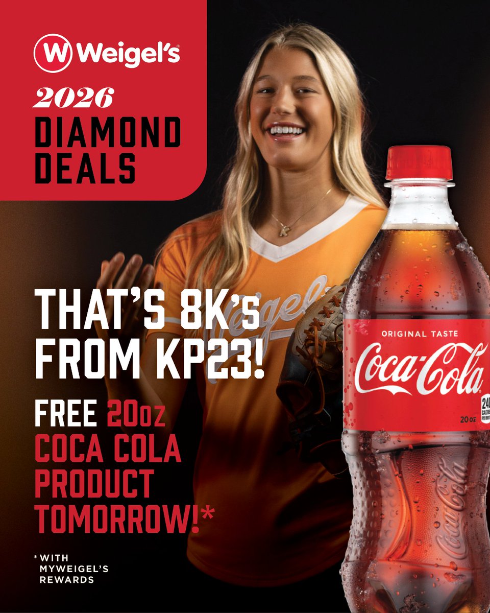 weigelsstores's tweet photo. That's 8Ks for Karlyn Pickens and that means tomorrow is the return of FREE COKE DAY!  Stop in for a free ice cold 20 ounce Coca-Cola product of your choice, courtsey of KP23! https://t.co/r83z2cPaqG