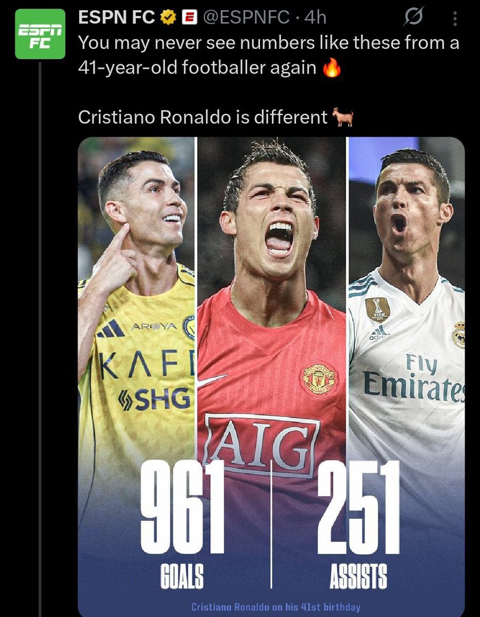 dosso_adams_'s tweet photo. @TheLM10Timeline @ESPNFC Ronaldo for Real Madrid 131 assists 
for Manchester United 73 assists 
for Juventus 28 assists 
for Al nassr 22 assists 
for Sporting 6 assists 
for Portugal 46 assists 

306 assists

ESPN and Transfermarkt are not reliable; since 2018, Transfermarkt shows fewer than 260 assists. https://t.co/Jx9XkxZQsn