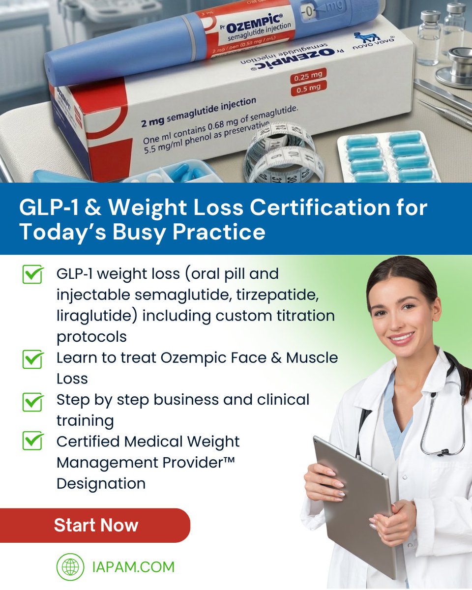 The demand for GLP-1 weight loss isn’t slowing down — and neither should your practice.

Stay current with IAPAM’s CME-accredited GLP-1 Weight Loss Certification, designed for busy providers who want to deliver results safely, confidently, and profitably.

#GLP1