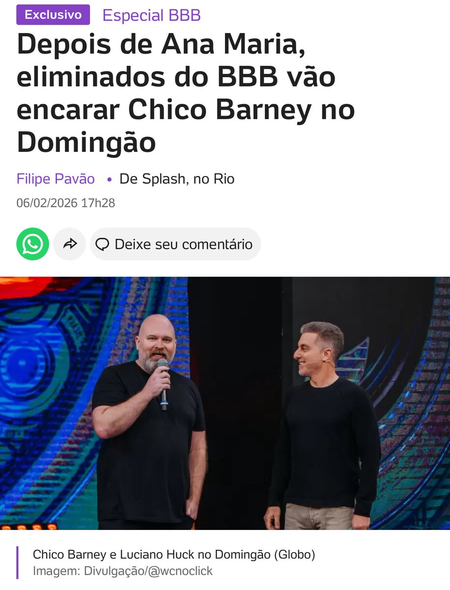 chicobarney's tweet image. Novidade a partir desse domingo! #BBB26 
👉 uol.com.br/splash/noticia…