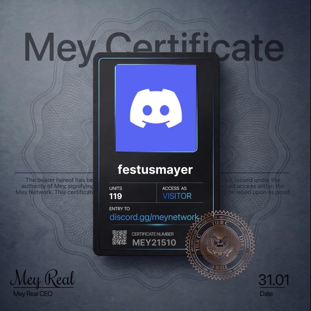 FestusMayer's tweet photo. Claimed my **MEY Certificate** and I'm in MEY HQ now.

This tier system is kinda fire.

Which one did you get?

@mey_network → https://t.co/Az0JQoFmgi https://t.co/MEVlKfk0in