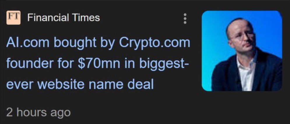 Crypto . com paid $70 million for AI . com

Biggest domain name sale ever