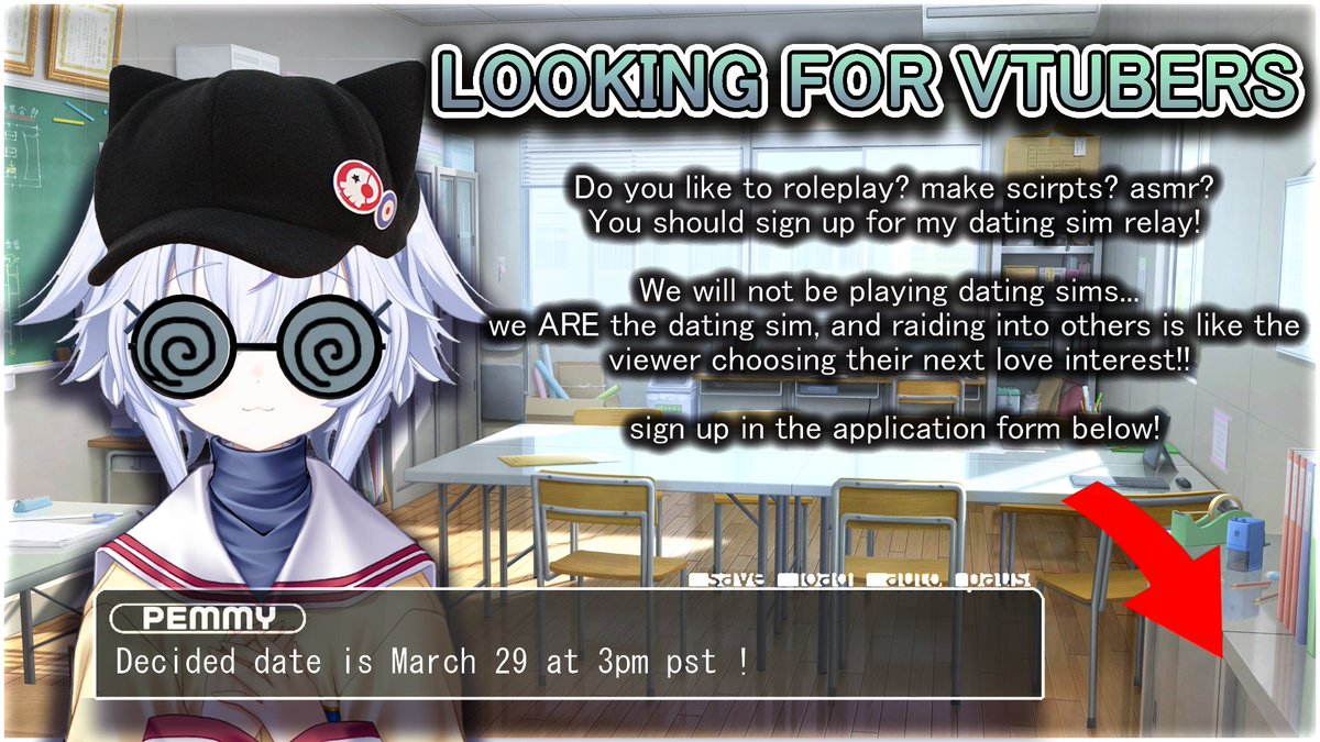 ATTENTION VTUBERS! 

I’m searching for cute girls who want to join my VTuber Dating Sim Relay!! 
We won’t be playing dating sims, we ARE the dating sim
 
This will be a very roleplay heavy relay so please keep that in mind, RT's HIGHLY appreciated

More info + application below!