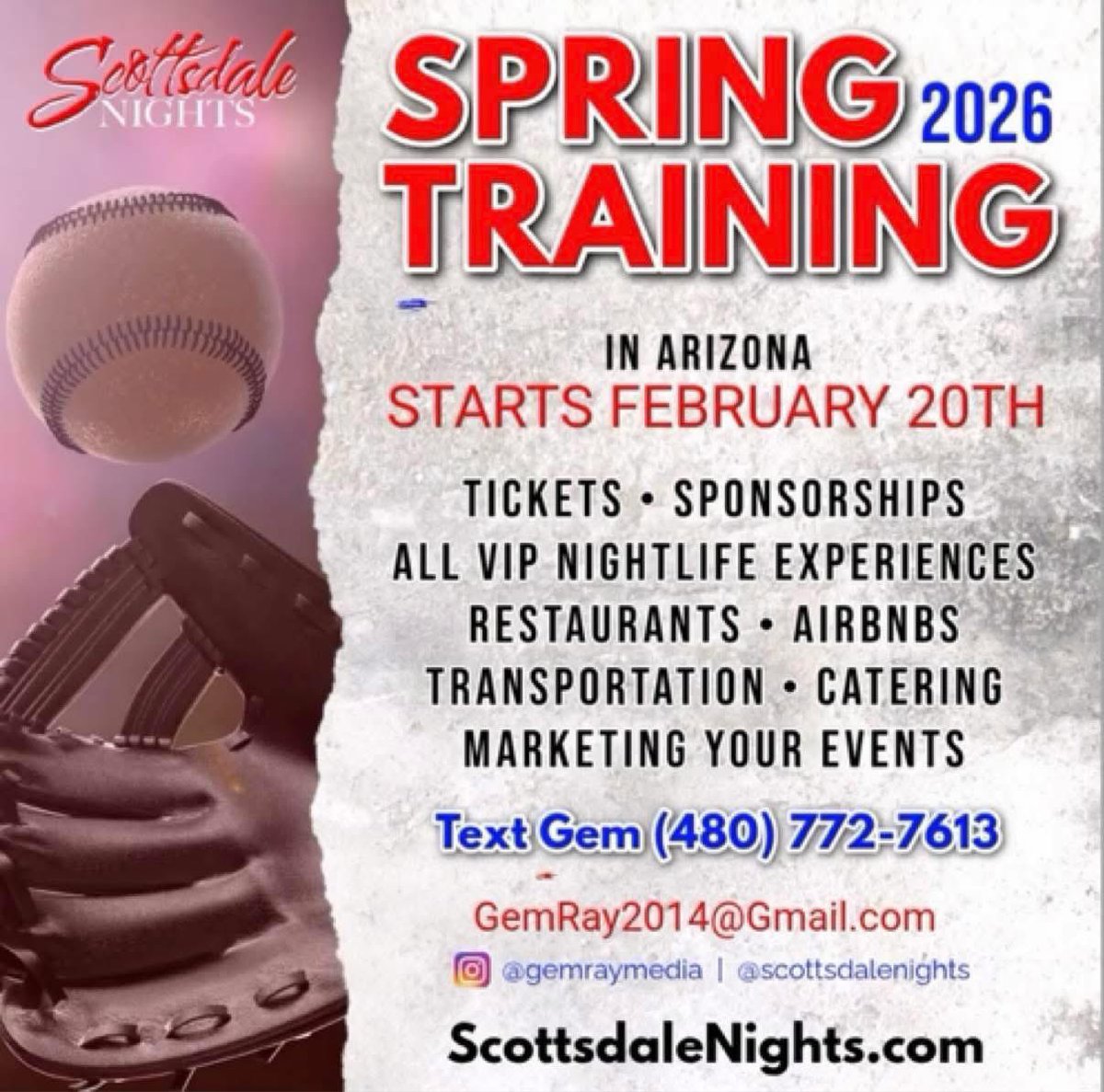 Spring Training in Scottsdale || All VIP Nightlife Experiences | Restaurants | AirBnBs | Transportation | Catering | Marketing Your Events || Gem Ray at 480.772.7613 (Text)
GemRay2014@gmail.com
ScottsdaleNights.com
#ScottsdaleNights <a href="/GemRayMedia/">Gem Ray</a>