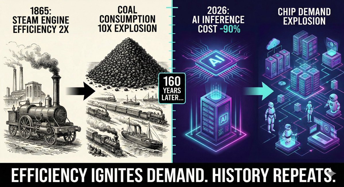 CodeBlueTrader's tweet image. 엔비디아가 하루 만에 60조 원의 시가총액을 날렸던 날, 월가는 160년 전의 교훈을 잠시 잊은 듯했습니다.

1865년 런던에 윌리엄 스탠리 제번스라는 경제학자가 있었어요.
이 사람이 이런 고민을 합니다.
“제임스 와트가 증기기관 효율을 두 배로 올렸는데, 그럼 같은 일을 하는 데 석탄은 절반만…